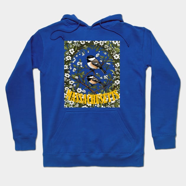 Massachusetts Black-capped Chickadee Bird And Mayflowers Hoodie by taiche